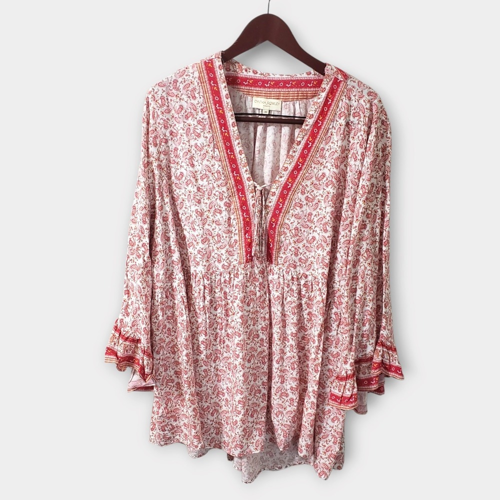 Cynthia Rowley Woman 3X Paisley Boho Peasant Tunic Top Pink Bell Sleeve V-Neck
